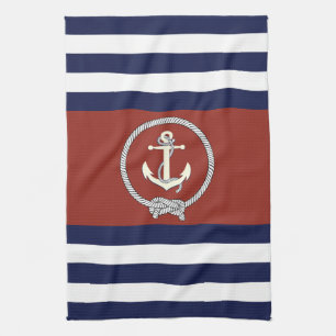 Nautical white anchor/navy knot/blue/white stripe tea towel