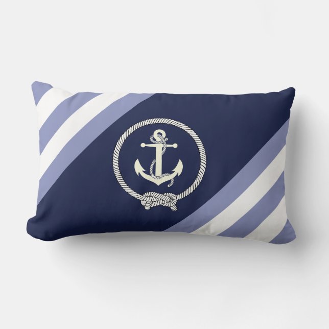 Nautical white anchor/navy knot/navy/blue stripe 2 lumbar cushion (Front)