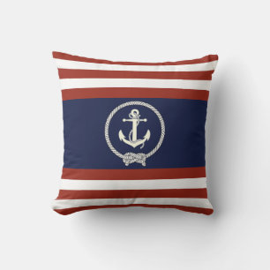 Nautical white anchor/navy knot/red/blue stripe cushion