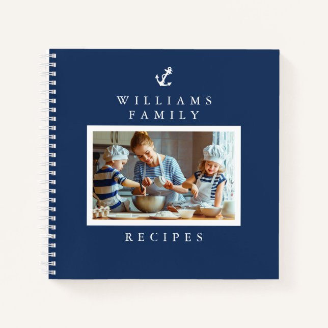 Nautical White Anchor on Blue Family Photo Recipe Notebook (Front)
