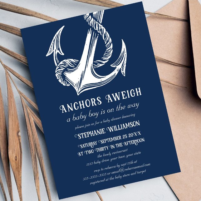 Nautical White Anchor on Navy Baby Shower  Invitation (Creator Uploaded)