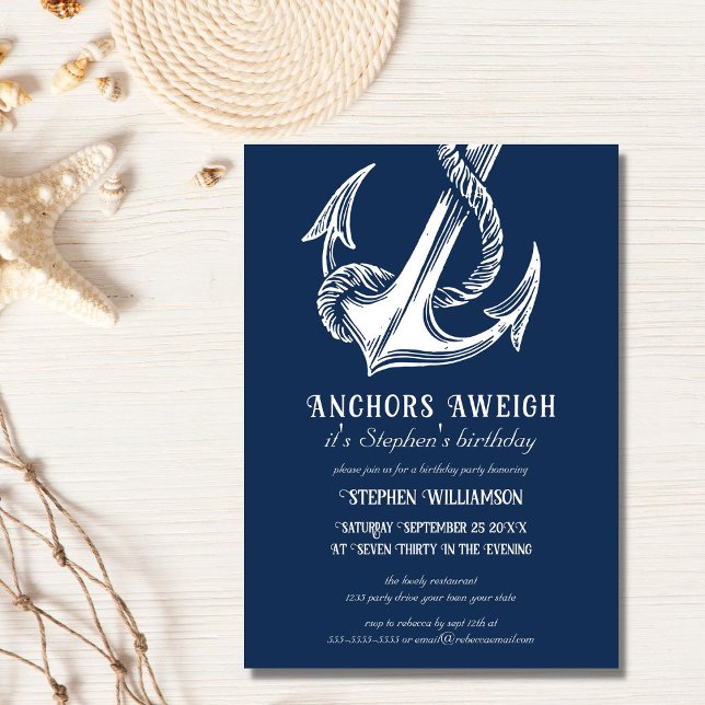 Nautical White Anchor on Navy Birthday Party Invitation (Creator Uploaded)