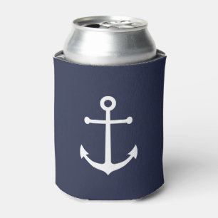 Nautical White Anchor on Navy Blue Can Cooler