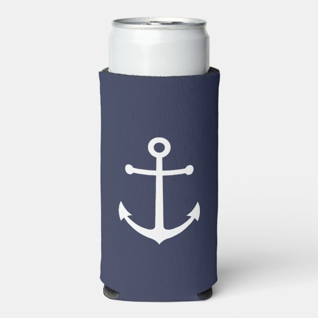 Nautical White Anchor on Navy Blue Can Cooler (Seltzer Front)