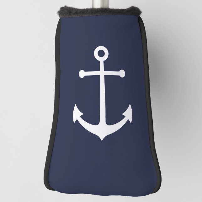 Nautical White Anchor on Navy Blue Golf Head Cover (Rotate 90)