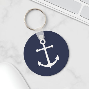 Nautical White Anchor on Navy Blue Key Ring