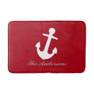 Nautical White Anchor on Red, Personalised Bath Mat