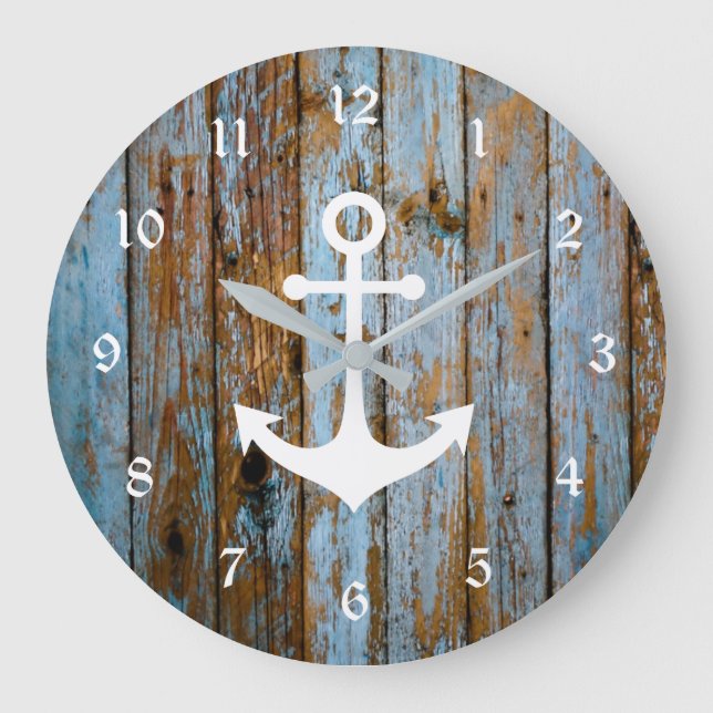 nautical white anchor on scratched wood large clock (Front)