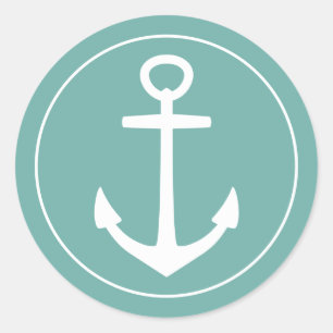 Nautical White Anchor on Teal Classic Round Sticker