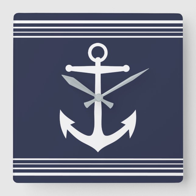 Nautical White Anchor & Stripes Navy Blue Square Wall Clock (Front)