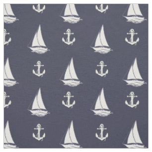 Nautical white anchor/white sailboat silhouette fabric