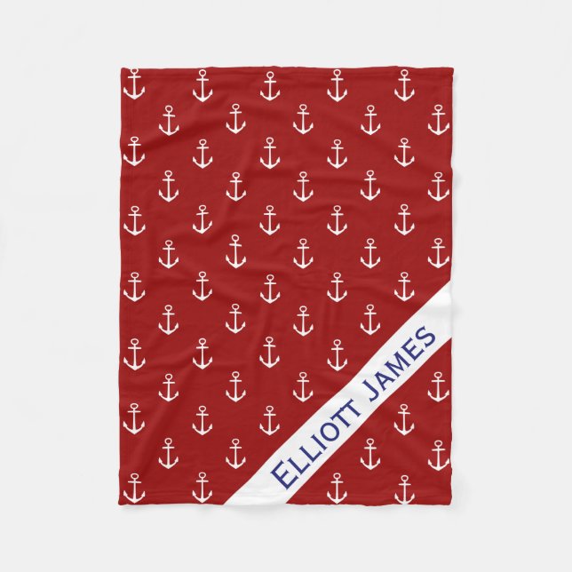 Nautical White Anchors on Red Personalised Fleece Blanket (Front)