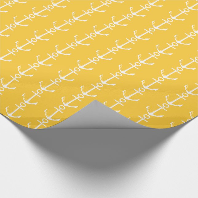 Nautical White Anchors on Warm Sunset Yellow Wrapping Paper (Corner)