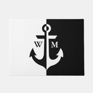Nautical White and Black Anchor Monogram Doormat