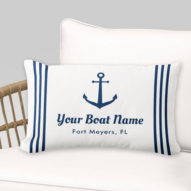 Nautical White and Navy Custom Boat Name Lumbar Cushion (Creator Uploaded)