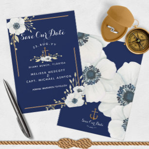 Nautical White Anemone & Navy Blue Anchor Wedding Save The Date
