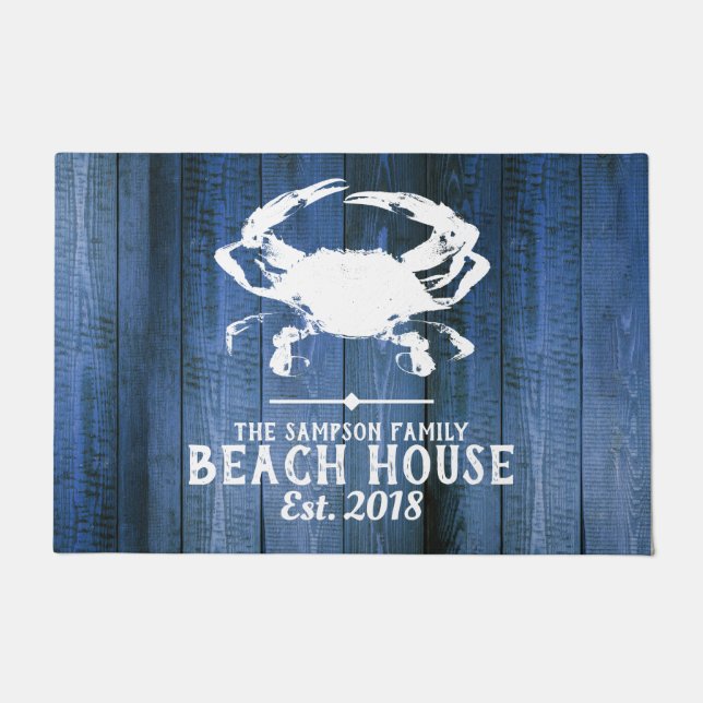 Nautical White Crab Silhouette Blue Wood Beach Doormat (Front)