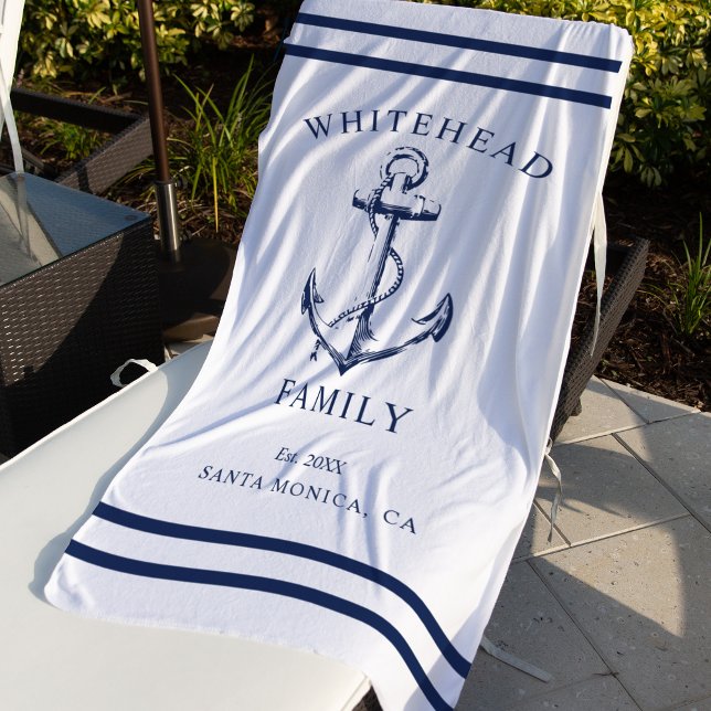 Nautical White Custom Family Anchor Beach Towel (Nautical anchor personalized family towel with established date, last name and location.)
