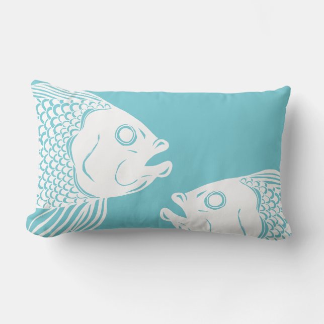 Nautical White Fish Heads & Blue Lumbar Cushion (Front)