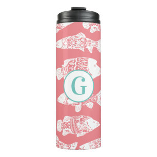 Nautical White Floral Fish Monogram Thermal Tumbler