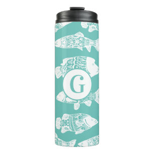 Nautical White Floral Fish Monogram Thermal Tumbler