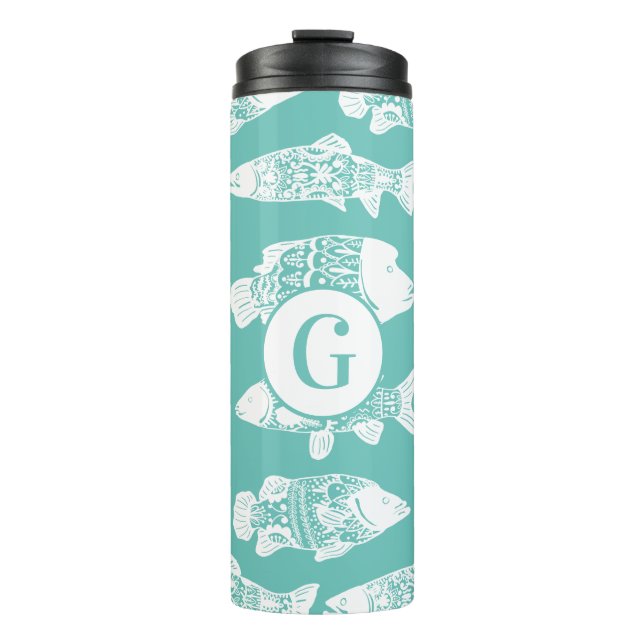 Nautical White Floral Fish | Monogram Thermal Tumbler (Front)