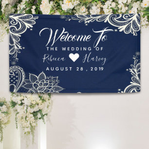 nautical white lace navy blue wedding banner