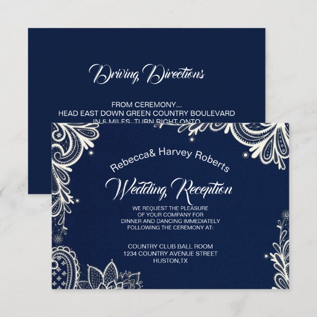 nautical white lace navy blue wedding reception invitation (Front/Back)