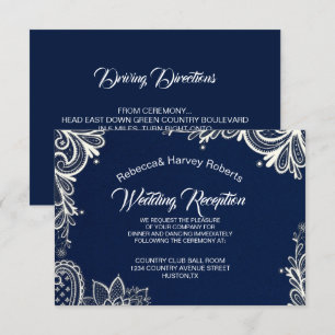 nautical white lace navy blue wedding reception invitation