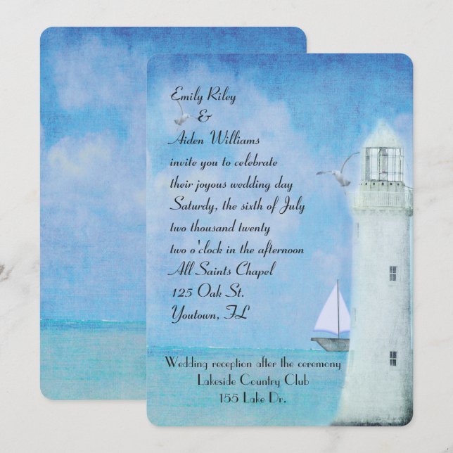 Nautical White Lighthouse and sailboat wedding Invitation (Front/Back)