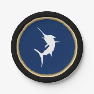 Nautical White Marlin Silhouette on Dark Blue Paper Plate