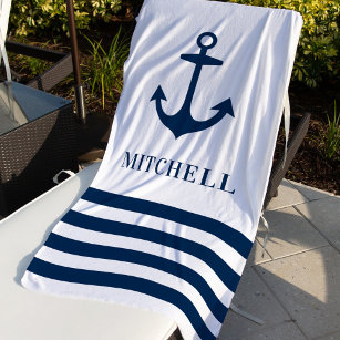 Nautical White Navy Anchor Custom Name Beach Towel