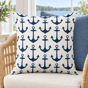 Nautical White Navy Anchor Repeat Pattern Cushion