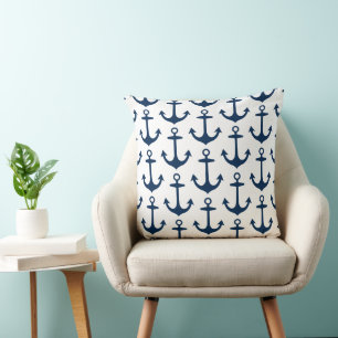 Nautical White Navy Anchor Repeat Pattern Cushion