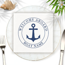 Nautical White Navy Blue Anchor Boat Name Napkin