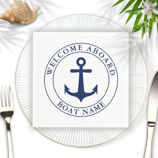 Nautical White Navy Blue Anchor Boat Name Napkin (Creator Uploaded)