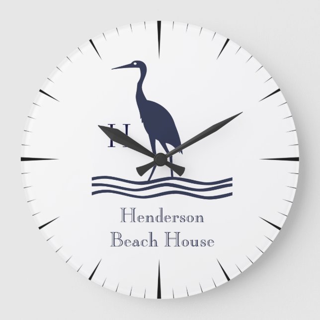 Nautical White Navy blue Heron Coastal Monogram Large Clock (Front)