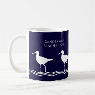 Nautical White Navy Blue Sandpipers beach house  C Coffee Mug