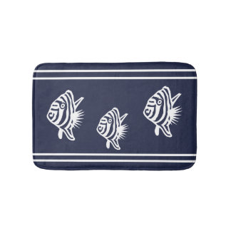 Nautical White on Navy Angelfish Fish Coastal Bath Mat
