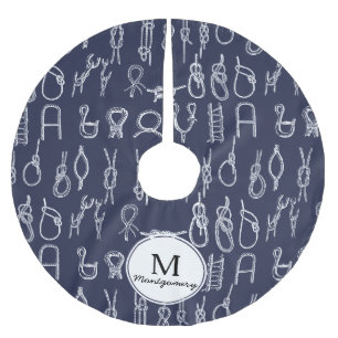 Nautical White Rope Knots & Navy Blue Family Name Brushed Polyester Tree Skirt