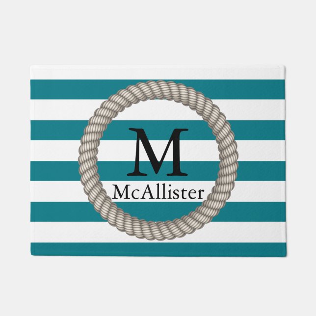 Nautical White Rope White Stripes Personalised Doormat (Front)