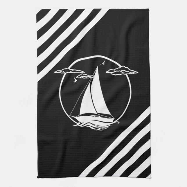 Nautical white sail boat/seagull/sunset silhouette tea towel (Vertical)