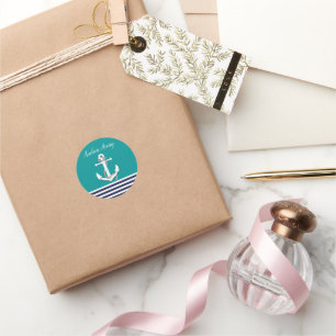 Nautical white sailboat/anchor away/aqua/navy blue classic round sticker