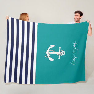 Nautical white sailboat/anchor away/aqua/navy blue fleece blanket