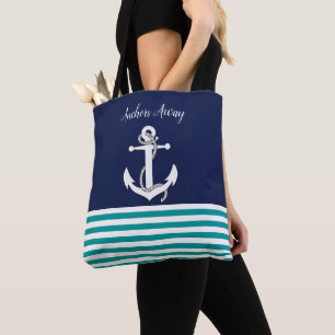 Nautical white sailboat/anchor away/navy/aqua blue tote bag