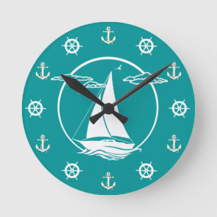 Nautical white sailboat/anchor/wheel silhouette round clock