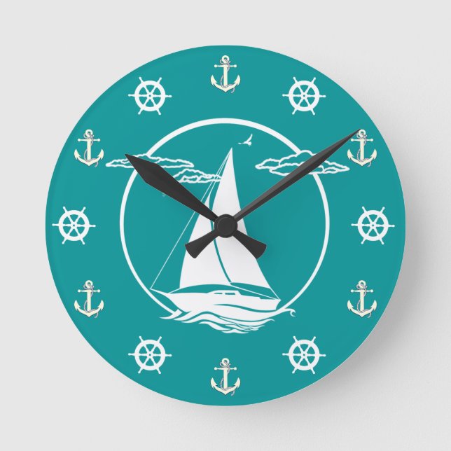 Nautical white sailboat/anchor/wheel silhouette round clock (Front)