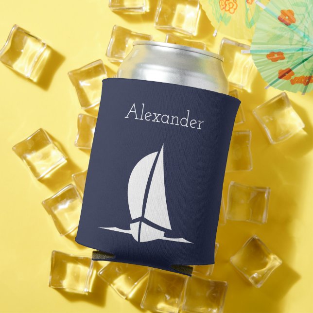 Nautical White sailboat Navy blue Coastal  Can Cooler (In Situ Summer)