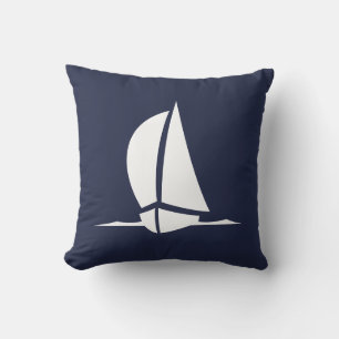 Nautical White sailboat Navy blue Coastal Cushion