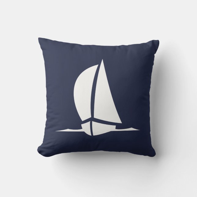 Nautical White sailboat Navy blue Coastal Cushion (Front)